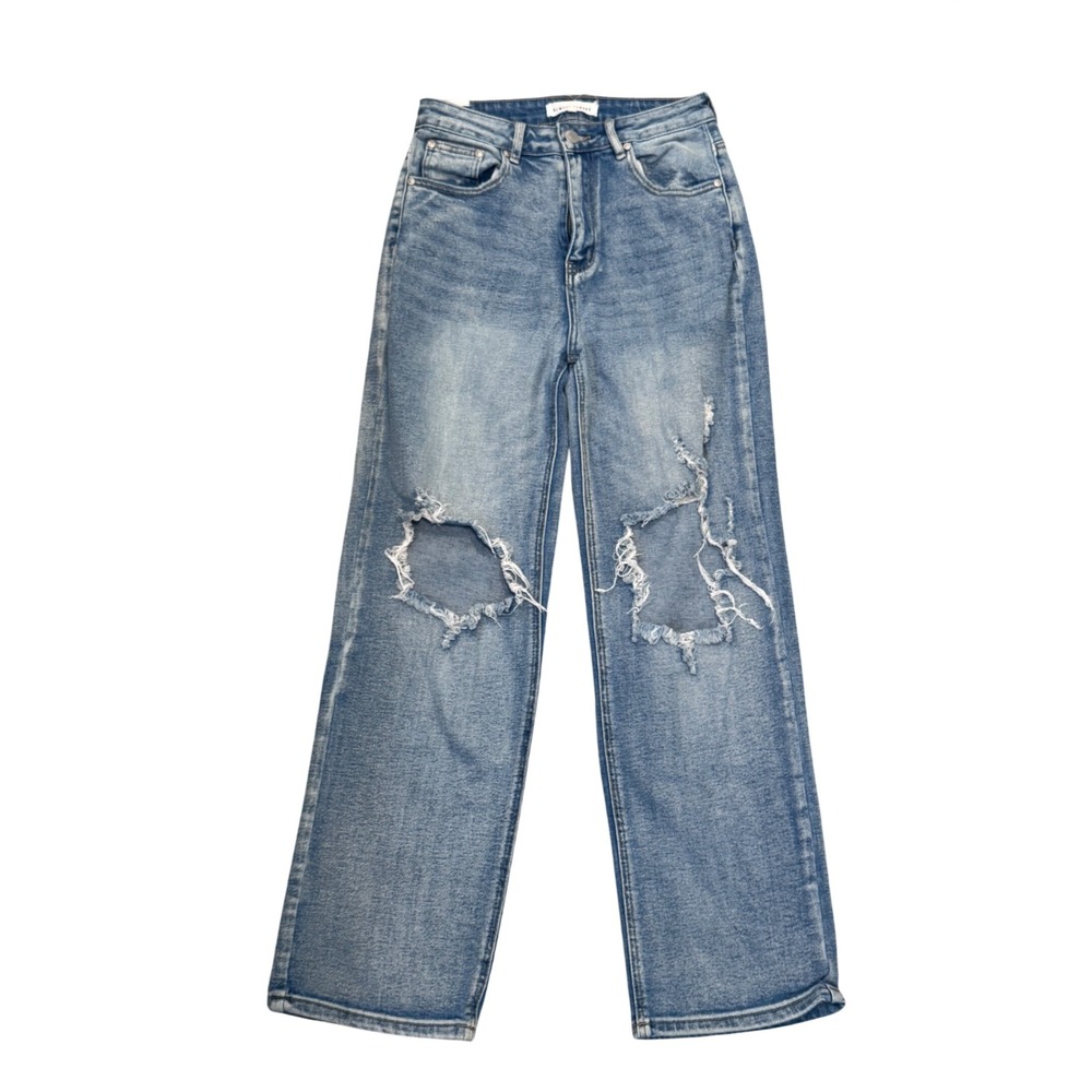 Almost Famous Distressed Wide Leg Jeans Blue Denim Knee Blowout Womens 5